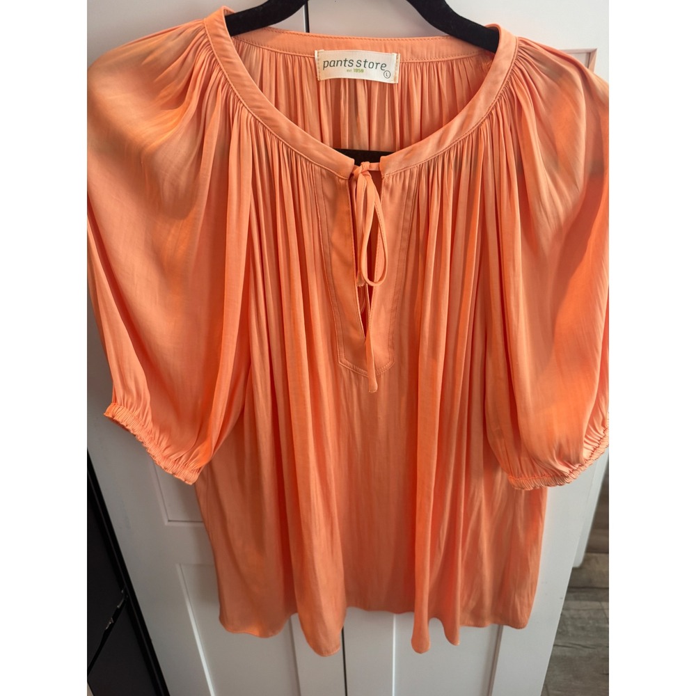 Pants Store Peach Orange Pleated Puff Sleeve Tie Neck Peasant Blouse Large